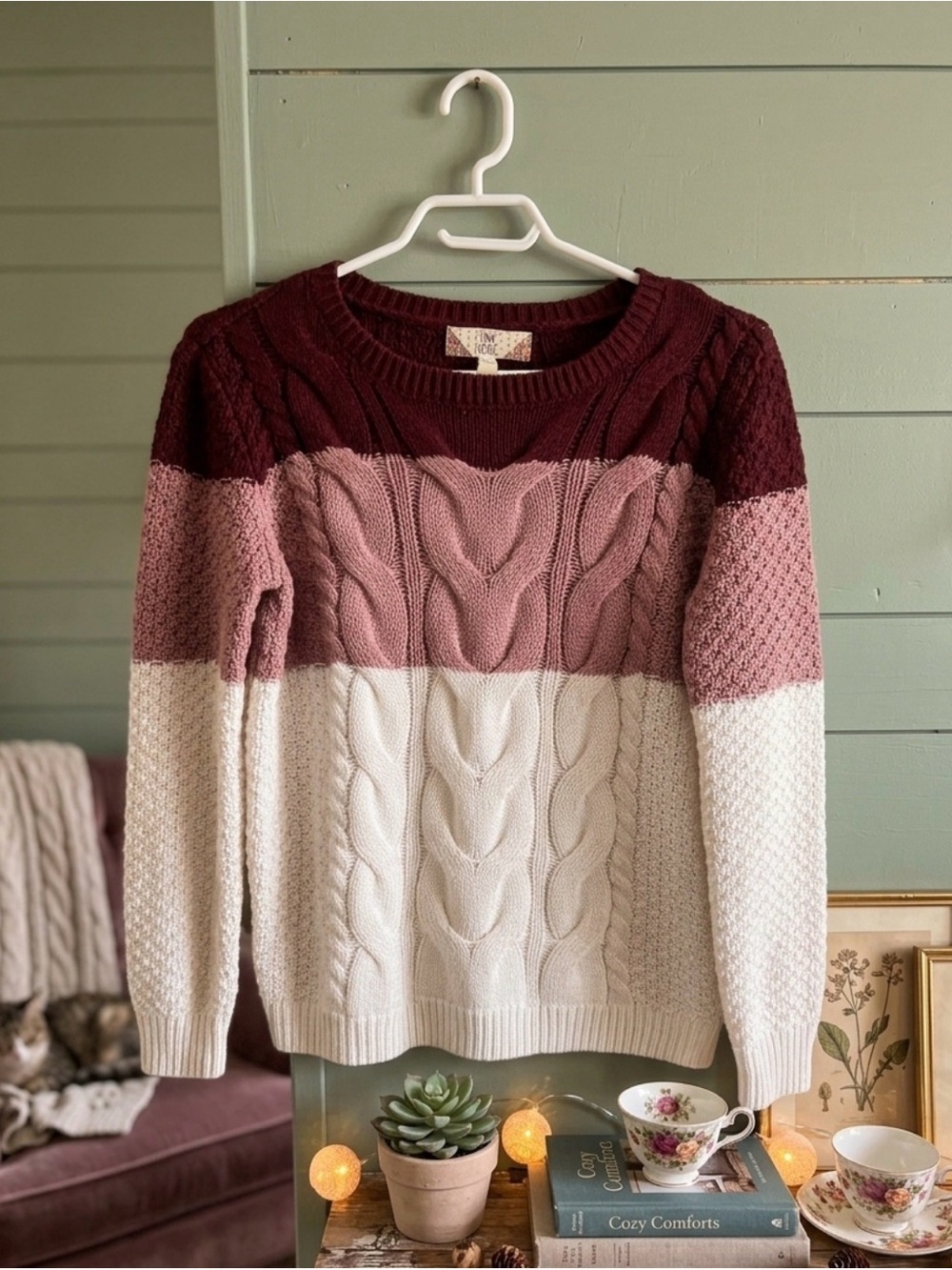 Colorblock Cable Knit Sweater - White, Mauve & Burgundy